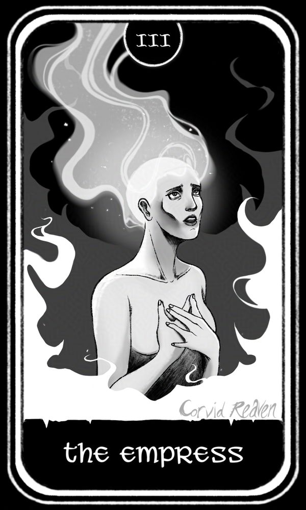 The Empress tarot card featuring Agda from Cryptmaster. She is looking up while being engulfed in flames.