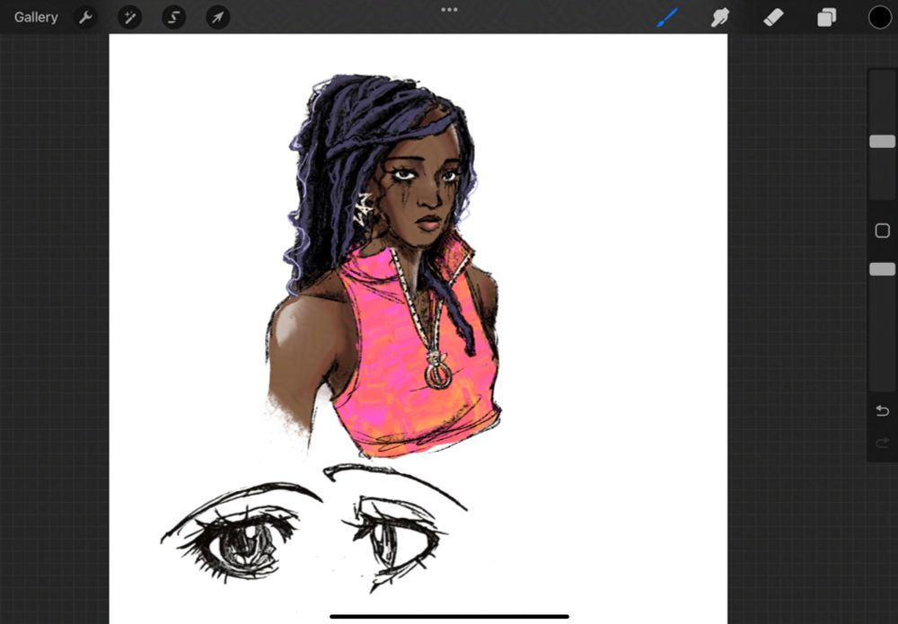 A screenshot of the Procreate interface with a colored sketch of a black woman with locs and a crop top in the center of the canvas. Two 70s shoujo Manga styled eyes (left is front facing, right is in profile view) are located on the bottom left of the woman. 