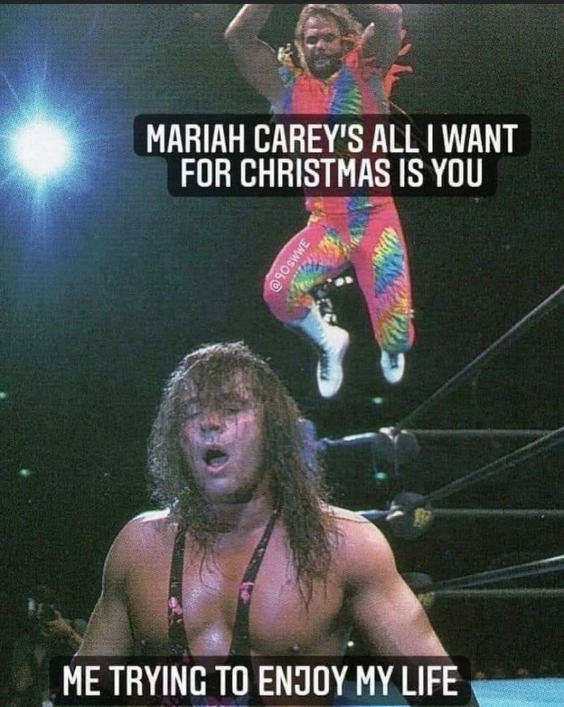 A photo of an exhausted Bret Hart outside a wrestling ring about to be dropped by Randy Savage who jumped off the turnbuckle. The text imposed over Savage reads "Mariah Carey's All I Want For Christmas Is You." Text over Hart reads "Me Trying To Enjoy My Life"