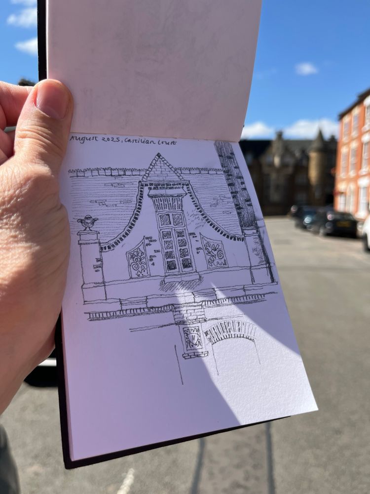 A pencil sketch of the roof and top of an old building 