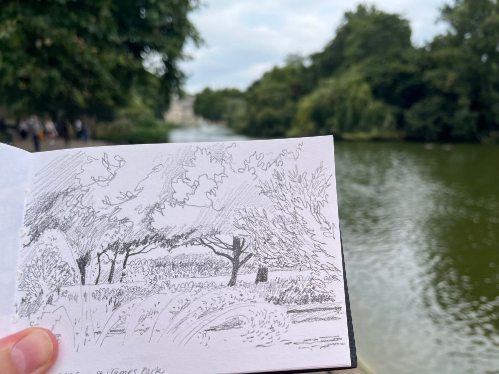 A pencil sketch of a fountain with trees behind in St James Park London 