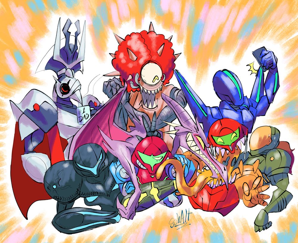 Samus (bottom center) surrounded by people that made her existence miserable (clockwise, from top left): Raven Beak, Mother Brain, Sylux, Weavil, SA-X, Ridley and Dark Samus.