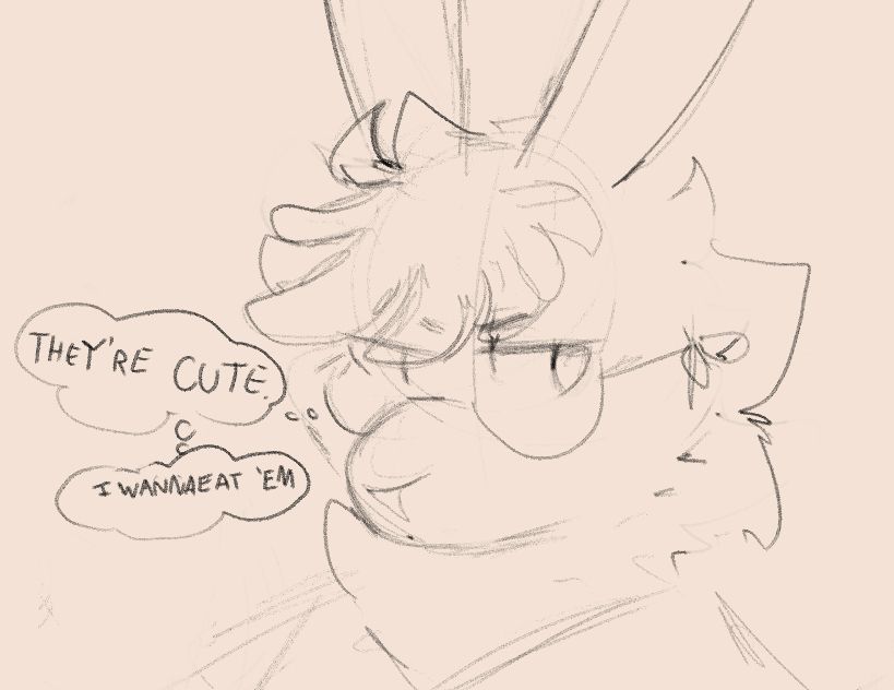 fluffy rabbit raster side-eyeing off screen with a thought bubble that says "they're cute. I wanna eat 'em"
