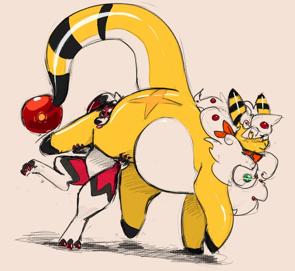 A midnight lycanroc is lifting up a quadrupedal mega ampharos's hindquarters by one leg—squishing their snout between the haunch and heel in the process
