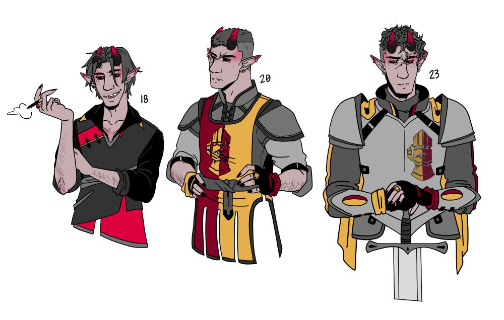 Stavros at 18 - baby faced with a teenage dirtstache and smoking a cigarette. He’s slender well dressed.

Stavros at 20 - stern faced with a scar between his eyes and a military hair cut. He’s in solid twink territory, and is wearing initiate armor for Paladins of Helm.

Stavros at 23 - hating his life and freshly having sworn an Oath of Devotion. His hair is a few inches longer and permed. Wearing standard issue Paladin of Helm armor.