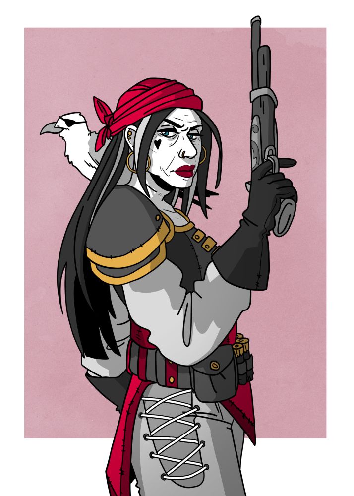 An old woman pirate with a pistol and a seagull with an eyepatch