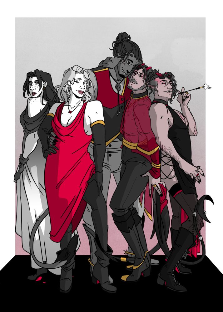 All the characters in our DND campaign who are also siblings, Claudia, Diva, Dorian, Markos, and Stavros, all dressed fancy and posing slutty 