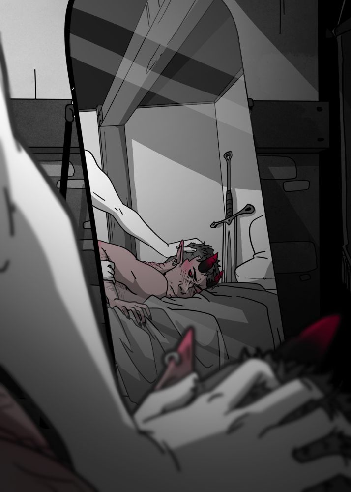 In the blurred foreground, the hand of Renato pushes Stavros's face into the bed while he fucks him. In focus is a mirror against the wall with Stavros's reflection; he's not homicidal (yet) but more than anything he just hates his miserable little life as an initiate at the Paladin Order and will do anything for a reprieve from it. Like get fucked by the guy he hates most (It's mutual)!!! This is probably a year into paladin camp, he'd have two more years til he takes his Oath and becomes a Paladin. 