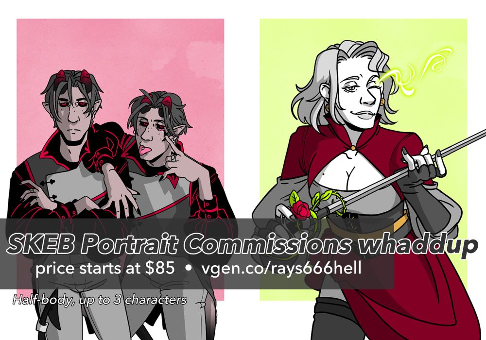 Two examples of the portrait commissions I'm offering. On the left is a portrait of two twin brother tieflings, on the right is a human warlock woman. Price starts at $85 for a half-body portrait with up to 3 characters (price increases per character). Grab one on Vgen! 