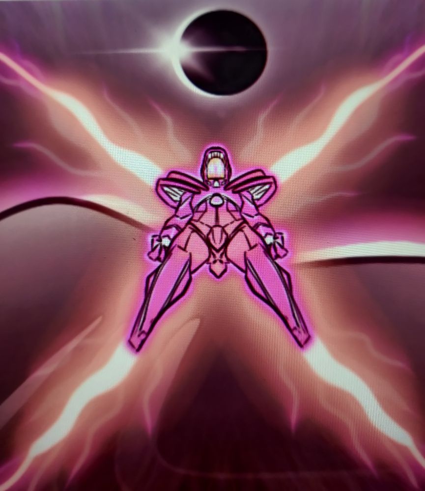 Close up of a digital drawing with a flying armored figure flying in a power pose in the sky with a solar eclipse behind them.