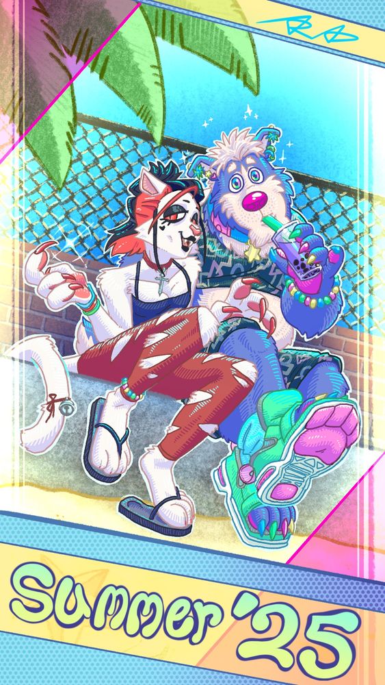Digital drawing in hot bright colors depicting 2 furries, a goth cat and a chunky dog sitting by the beach and looking at the viewer. The goth cat shows her claws and smiles with an aura of mild menace, whole the dog looks with innocent surprise while sipping a boba milk tea. The two of them are dressed for the heat and lookin cute, complete with beaded acessories, bells, collars, cute shoes, and hair do's. Sharp triangular shapes cut the top and bottom of the image. Text in the bottom triangle reads "summer 25"