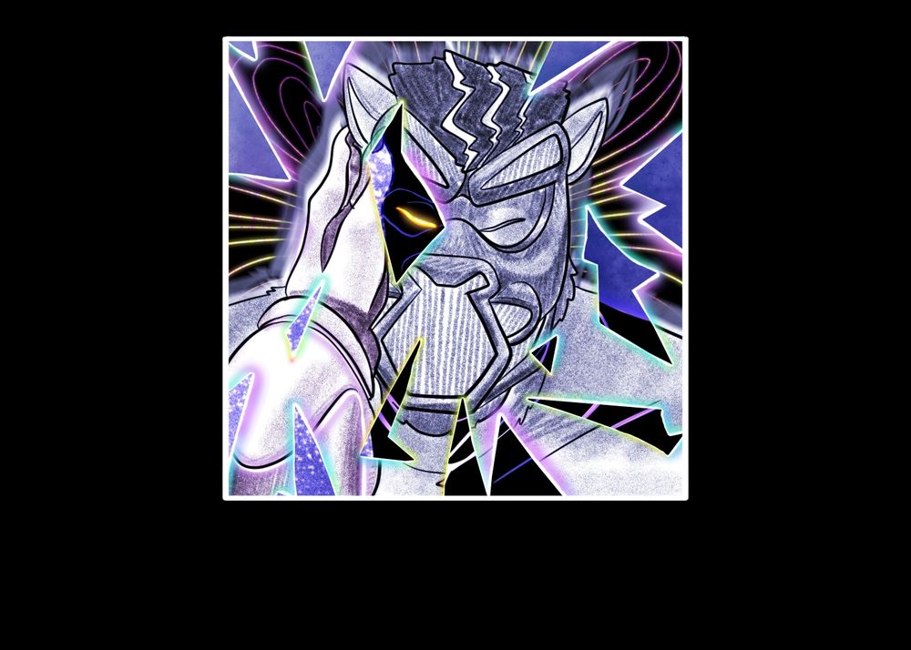 Digital drawing of a hand reaching up to a masked face, theres an effect like shattered glass over the drawing revealing two diferent masks, and 2 different hands