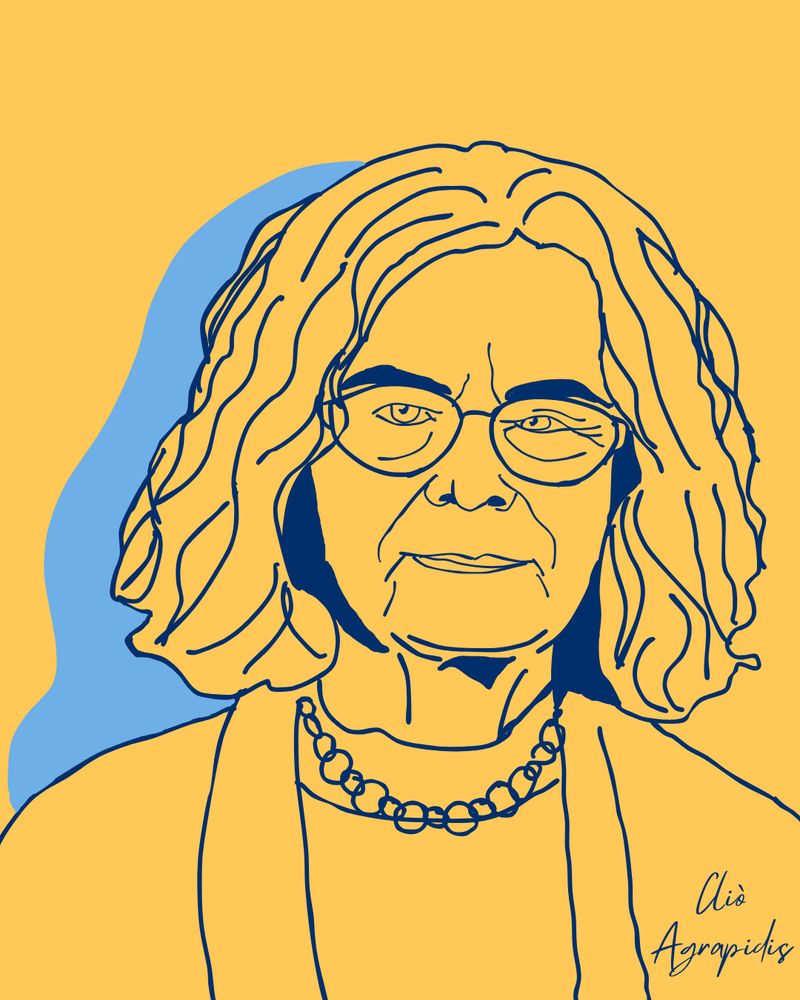Hand drawn portrait of Karen Uhlenbeck outlined in deep navy against a yellow background. Art by Cliò Agrapidis