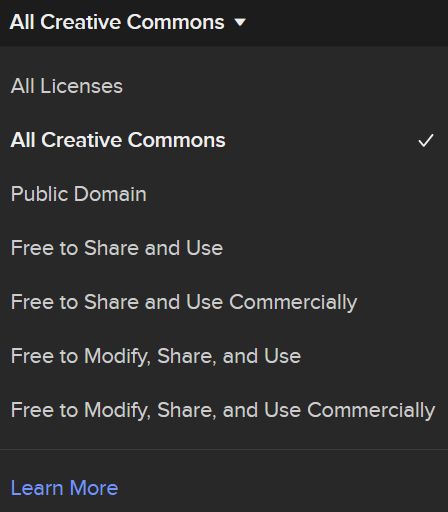 DuckDuckGo image search also has the option to filter images by license