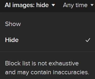 DuckDuckGo image search contains an option to show or hide AI images