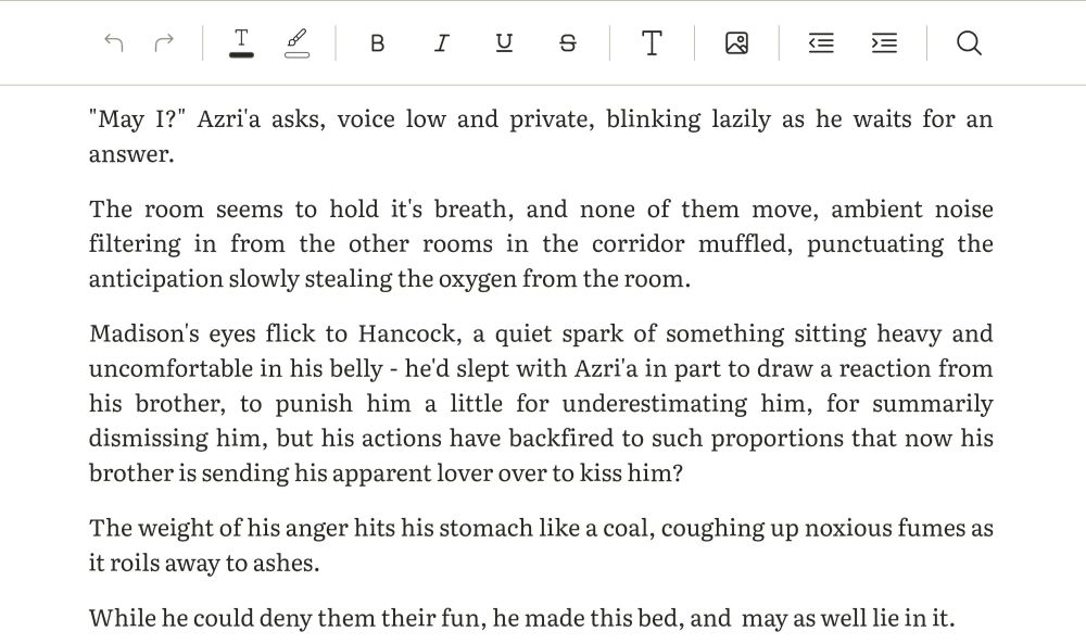Screenshot of wip text where Hancock nudges Az over to kiss his half brother hello (watch me describe their blood relation by degrees each mention, rofl)