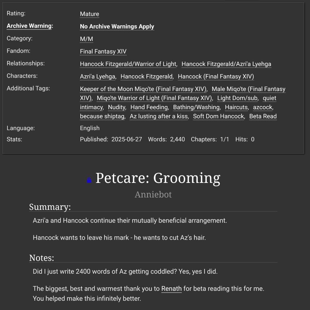 Ao3 screenshot of new Hancock/Azri'a fic