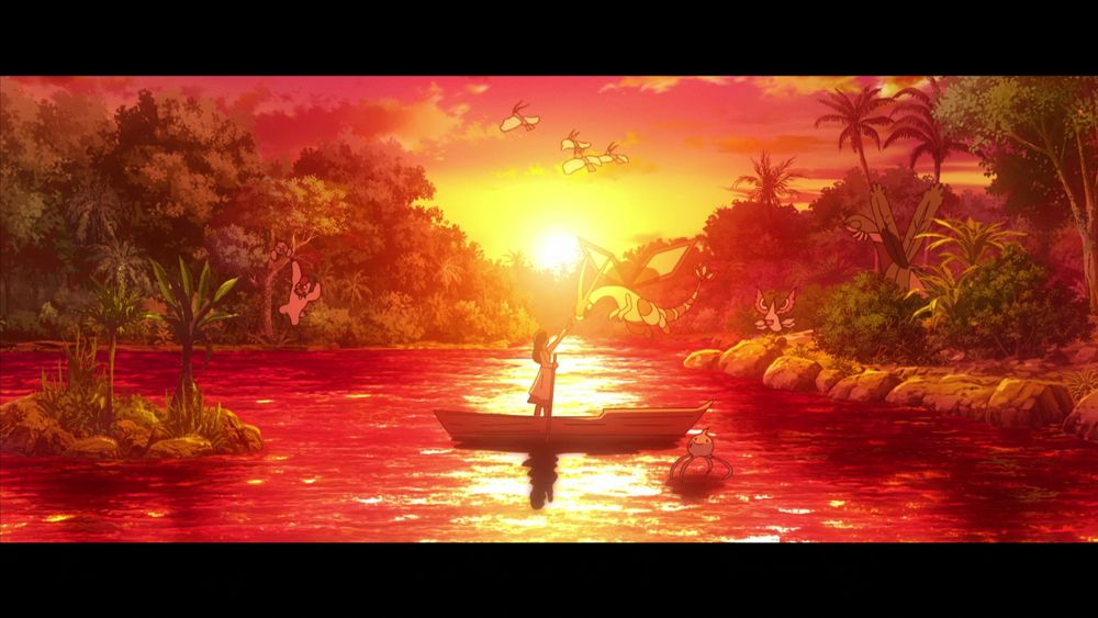 A screenshot from Pokémon Horizons, Episode 1

A woman is reaching her hand out to the Pokémon, Flygon, with the sunset behind them. A flock of Altaria are also seen flying through the sky. Various other Pokémon appear, those being a Slakoth, a Vigoroth. a Surskit, a Masquerain, and a Tropius.