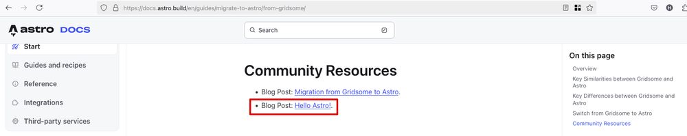 Screenshot of the official Astro documentation including a reference to my "Hello Astro!" blog post.