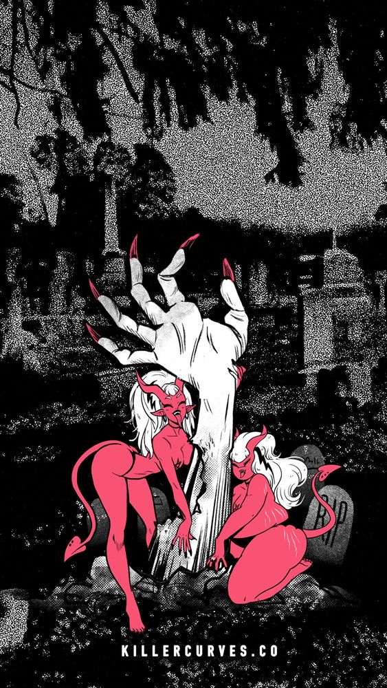 A mobile wallpaper featuring two demon babes embracing a massive manicured zombie hand coming out from a grave. They’re juxtaposed over a grainy black and white photo of a graveyard.