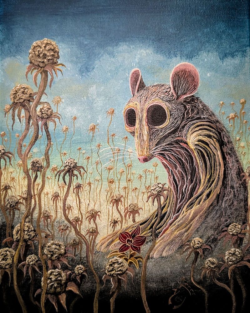 By using elements from rodents and trees to make a twisted rat-like creature with hollow eyes, a field of dull fluffy flowers, and a single orchid at the base of the rat's front paws. Combined to give an aura of what melancholy is to me.

To be in melancholy one will often overlook the moments of joy life is also filled with. Overcome with boredom. Like how the rat overlooks the orchid, focusing only on the field of decrepit dying weeds.