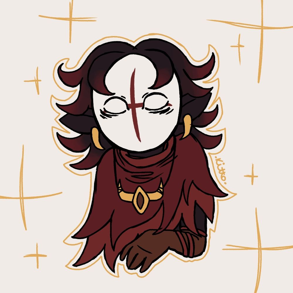 A simple sketchy/cartoony bust of a character with pure black skin, big, medium length black hair, and a simple white mask with two perpendicular red lines in the middle. They wear mostly red clothes with long brown gloves and have a yellow necklace and earrings. The background has yellow sketchy plus shaped sparkles