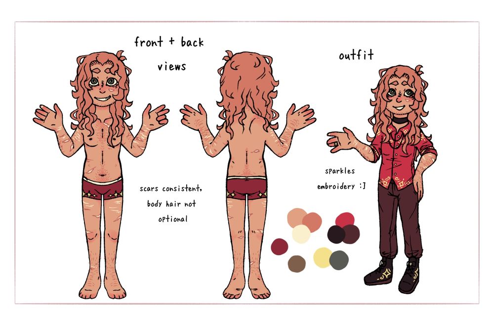 A reference of my OC Corwyn, a light sienna skinned man with long rose gold hair and grey eyes, showing a front and back view as well as outfit. In the front and back view he's only wearing simple boxers, showing off his various scars and body hair. The scars are most condensed on his forearms and upper-thighs, with some around his torso and a small one under his left eye and on the tip of his right index finger. He has light scruff and a lopsided smile. In the outfit, he's wearing a red, collared shirt with sparkly embroidery and rolled up sleeves, simple black slightly baggy pants, black work boots with sparkly embroidery, a simple choker + double, thin necklace combo, and a gold wedding ring with sparkly engravings