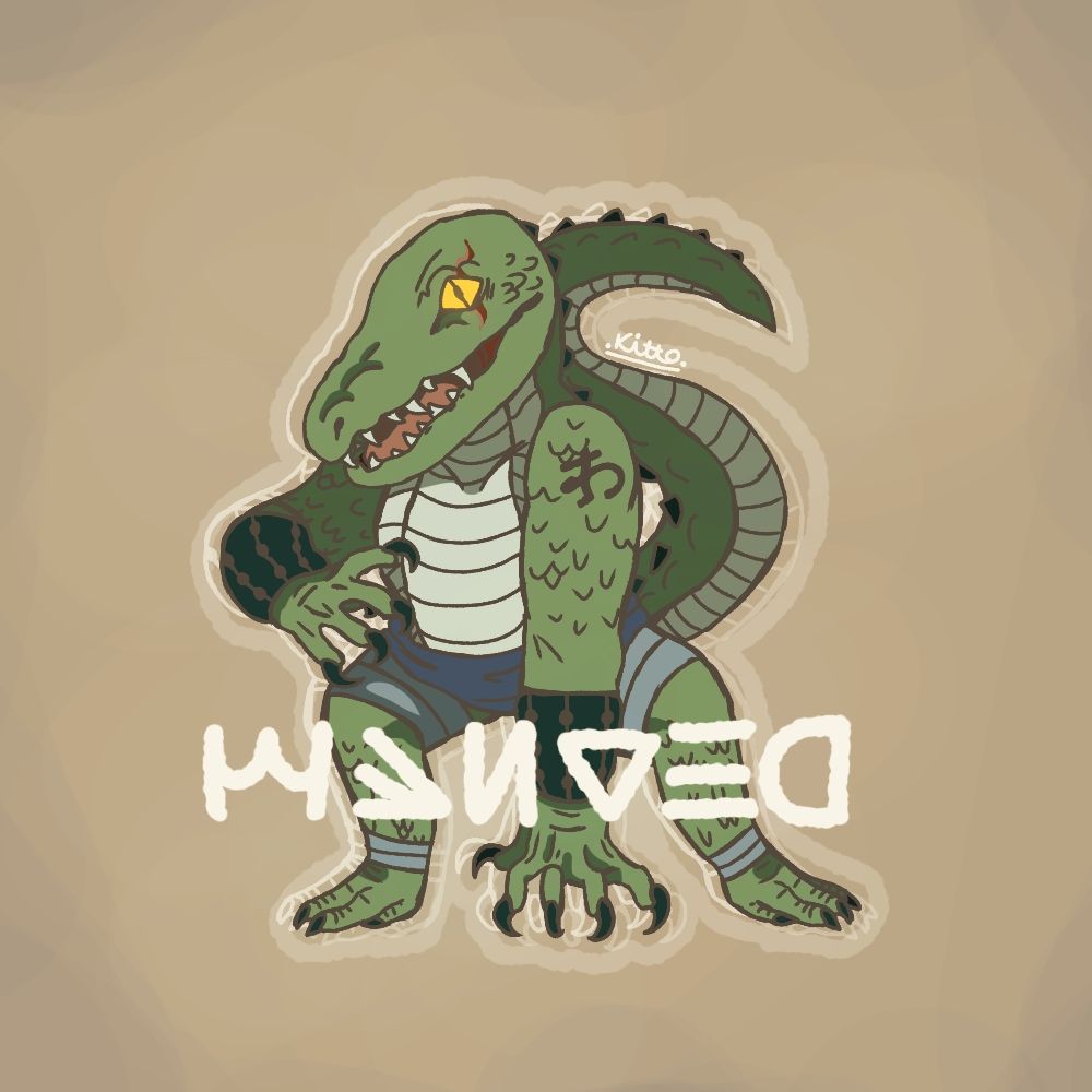 A wanted poster style art of an anthropomorphic saltwater crocodile army general. He stands with an intimidating air, tail waving up behind him, one hand on the ground, and the other held up towards his chest showing off sharp, curled claws. His head is tilted to the side, with a slightly open toothy mouth and bright yellow eye with a scar over it. Round script Splatoon text reads out "wanted" in front of him