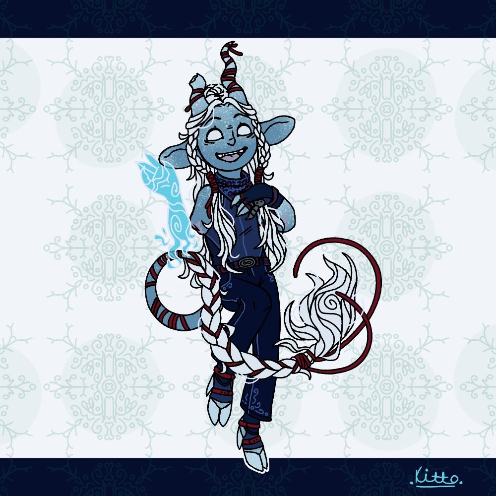 An individual with dim blue skin and pale blue freckles in an energetic pose, with one leg up and one hand held in front of their chest. They have pure white eyes with no pupils, long white hair tied in two braids and a bun, two squiggly horns (the one on their right broken), goat hooves, and a thin tail with very long braided hair at the end, wrapping in a figure-8 shape around them. They wear dark dark blue clothes - no sleeves - with red and blue accents, and have red ribbon tied in various places on them and braided into their tail. One of their hands has a prosthetic pinky, and their opposite arm was cut off above the elbow, instead having a floating magic replacement in saturated turquoise.
The background is white with a repeating intricate design mimicking a snowflake, featuring bones, droplet shapes, and snowdrop flowers. There is a black border on the top and bottom