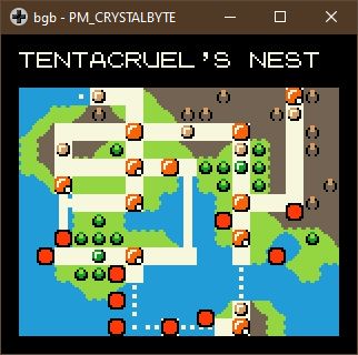 a screenshot of a Pokémon Crystal hack where Kanto is mirrored horizontally with new tiles.