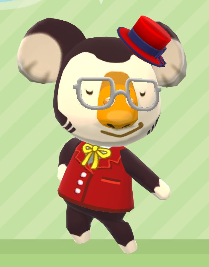 Eugene the Koala in a charming red suit and top hat.