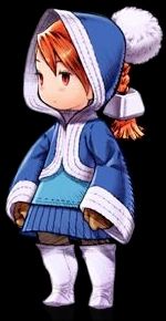 chibi art of a orange haired girl wearing a blue and white winter coat with a pompom hood.