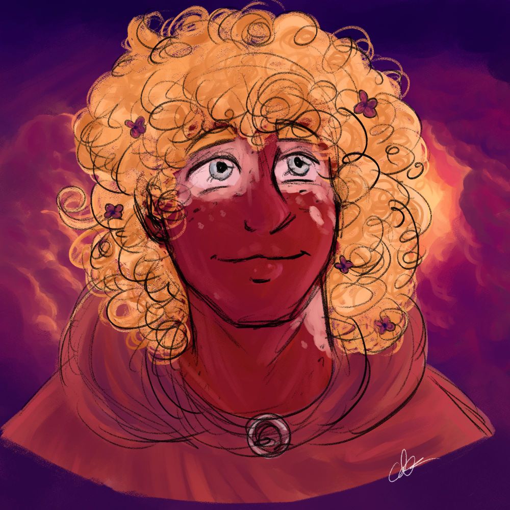 A sketchy digital painting of a smiling young man with curly, flower-decorated blond hair and dark skin with vitiligo. He has grey eyes and is wearing a brown cloak with a silver clasp. The background shows a beautiful gathering of sunset clouds. 