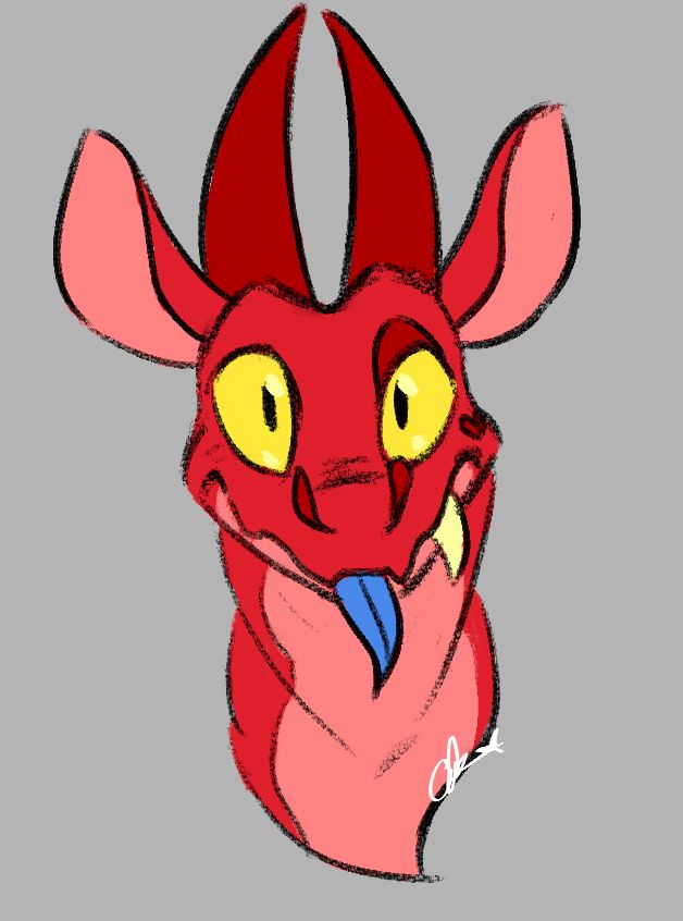 A sketch of a cute pink-and-red kobold character with big yellow eyes and a blue tongue. She is lizardlike or dragonlike in design, with big horns, tapered ears, and big yellow eyes. She has a round face and wide smile like a leopard gecko.