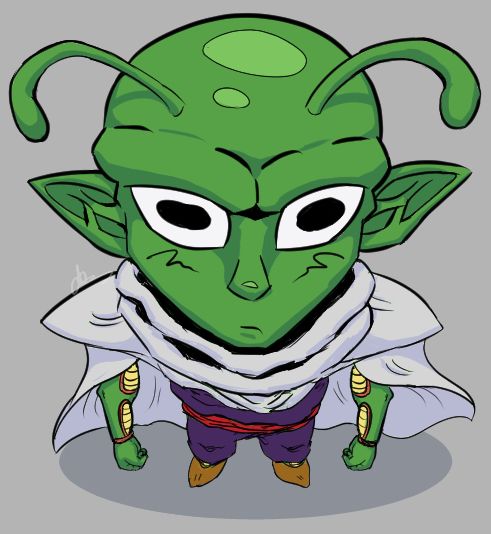 A goofy digital illustration of Piccolo from Dragon Ball in a silly fishbowl perspective, as if we're looking down at him.