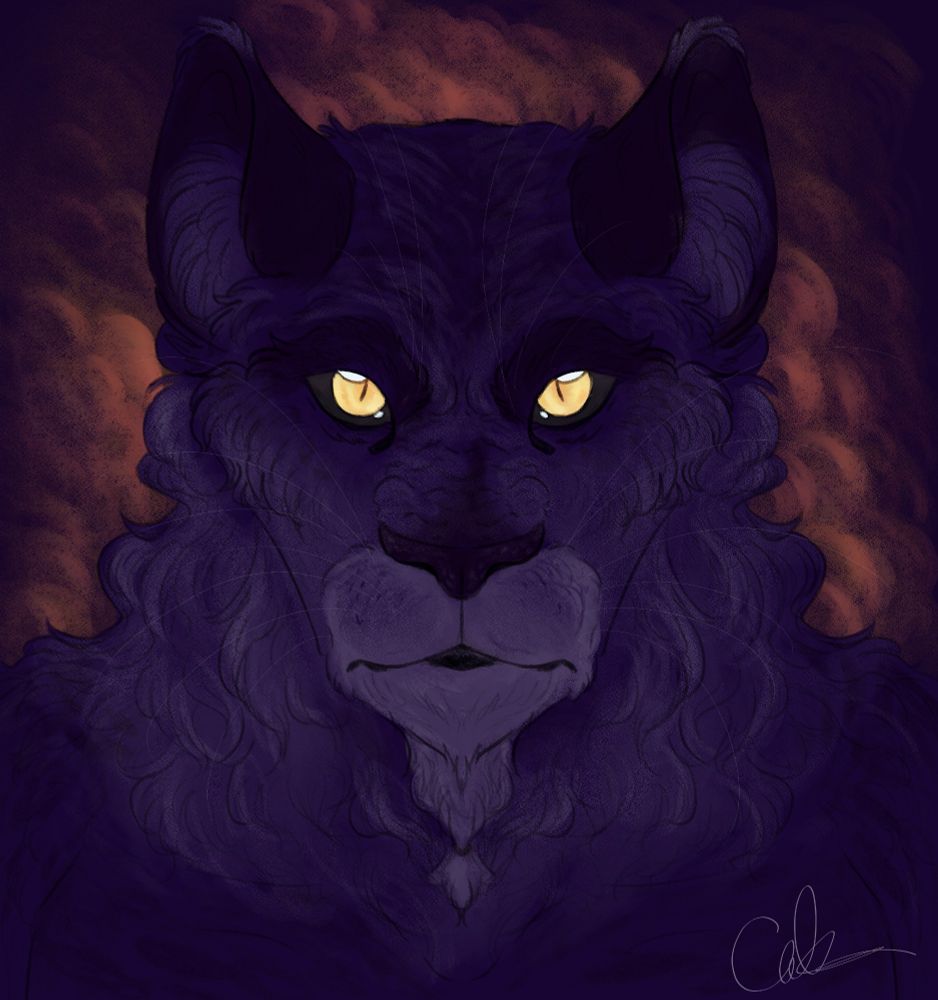 A sketchy digital painting of a Cathar from Star Wars - a lionlike humanoid. This one has wavy, dark purple fur, a lighter muzzle tapering into a tied goatee beneath the chin, dark bushy eyebrows and tufted ears. The feline's eyes are a blazing bright yellow with shadowy black sclera. The background consists of billowing smoke lit orange by unseen flames.
