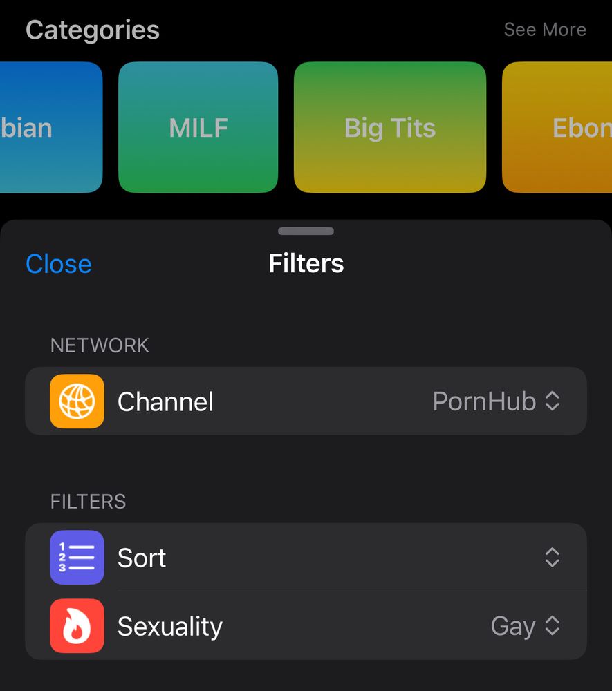 Screenshot of Hot Tub. There’s no nudity visible, just user interface. I have selected "Gay" in a setting labeled "Sexuality". However, I’m still shown categories with straight content, like "MILF" and "Big Tits".