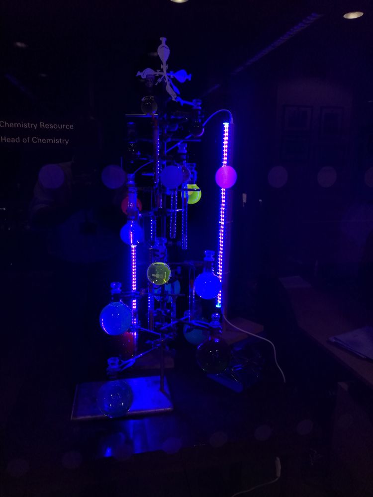 Fluorescent chemistree glowing brightly under UV light 