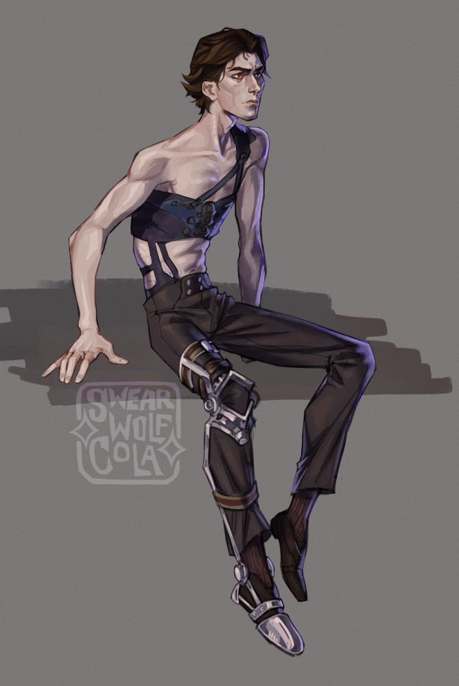 ID: digital art of Viktor from arcane season 1 act 3 on a grey background. He is sitting face the right at 3/4 view, and has no shirt on, a back brace that wraps around the front of his chest and over one shoulder, a pair of grey brown slacks, his leg brace on his left leg, and a pair of brown shoes. End ID