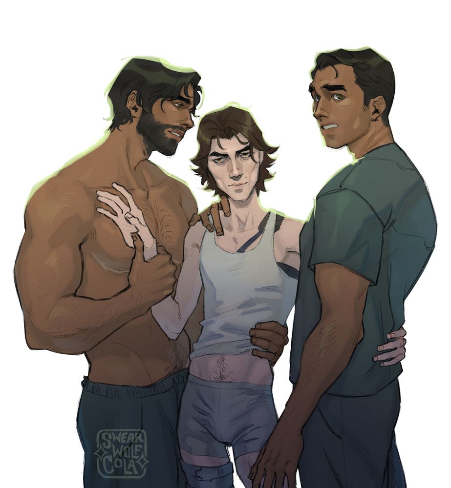 ID: A drawing of two different Jayces with Viktor between them. From left to right - Jayce 1 has a short beard and longer hair that falls in his eyes. He is shirtless, revealing some body hair and tops urgently scars, and is staring lovingly down a t viktor and holding one of his hands. In the middle, Viktor is giving a slightly smug look to the viewer. He is in a tank top that reveals some of his back brace and a pair of grey briefs.
Jayce 1's other hand is lifting his tank top and Jayce 2's hand is on his shoulder. Jayce 2 is wearing a short sleeve dark grey/green shirt and the same sweat pants as 1, but his hairy is shorter and he's clean shaven. he's giving the viewer a nervous look. End ID.