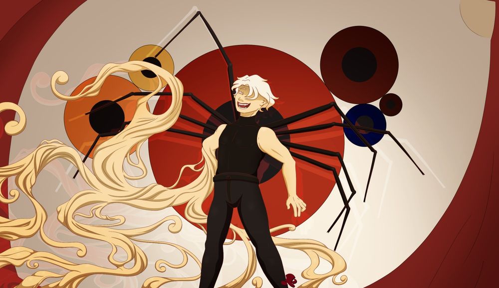 An Eye with multiple pupils is in the back, the character from Spider on the Wall's PV with spider arms stands before it. His right arm melting into what can be described as thick string meant to attach to another person.