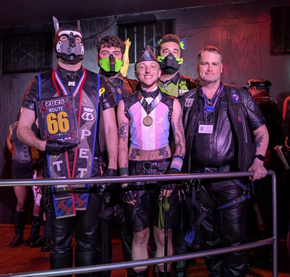 Delta with his new patch, joined by Hunter (Route 66 Pet 2024), Brewer (Route 66 Pup 2023), Varg Shepherd (Route 66 Pup 2022), and Kairos (Route 66 Pup 2019)