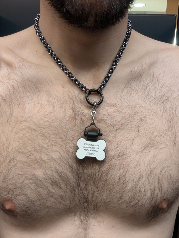 Delta shirtless showing his collar from Artemis, labeled "If found please restrain and call Alpha Artemis"