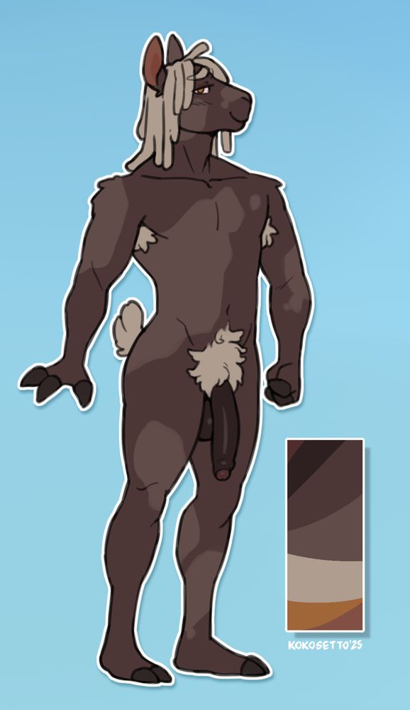 Character refsheet for a llama named Otto. He is covered is various shades of brown splotches, with tan-gray locs, tail, and happy trail. He has been well endowed with a lengthy dick, and he is definitely able to use it well.