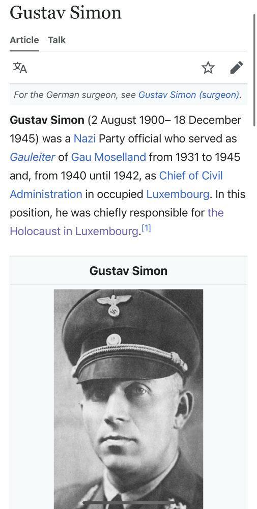 Wikipedia article for Gustav Simon: 

Gustav Simon (2 August 1900-18 December 1945) was a Nazi Party official who served as Gauleiter of Gau Moselland from 1931 to 1945 and, from 1940 until 1942, as Chief of Civil Administration in occupied Luxembourg. In this position, he was chiefly responsible for the Holocaust in Luxembourg. 