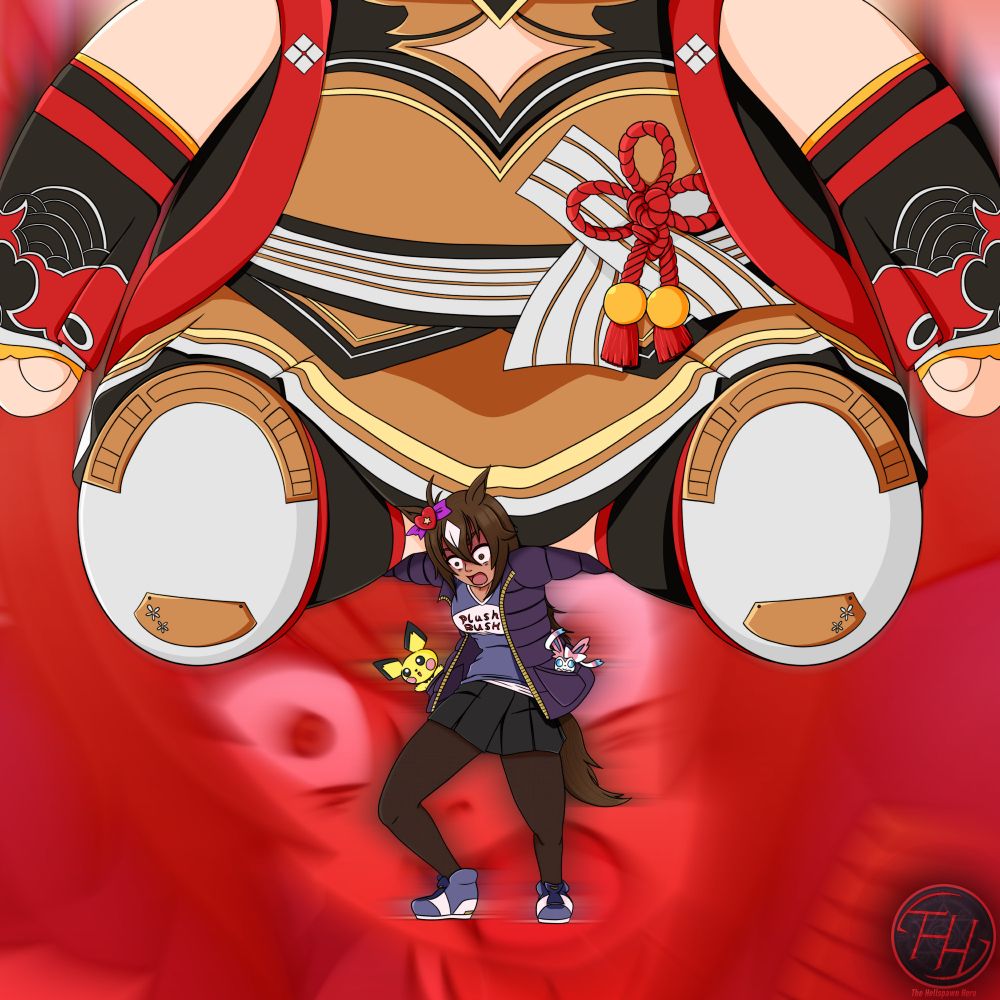 Art of Plush Derby (original character) struggling to lift an enormous Kitasan Black (Uma Musume) plush that has fallen onto her. She bears an expression of immense panic and fear, which is superimposed onto the backdrop.