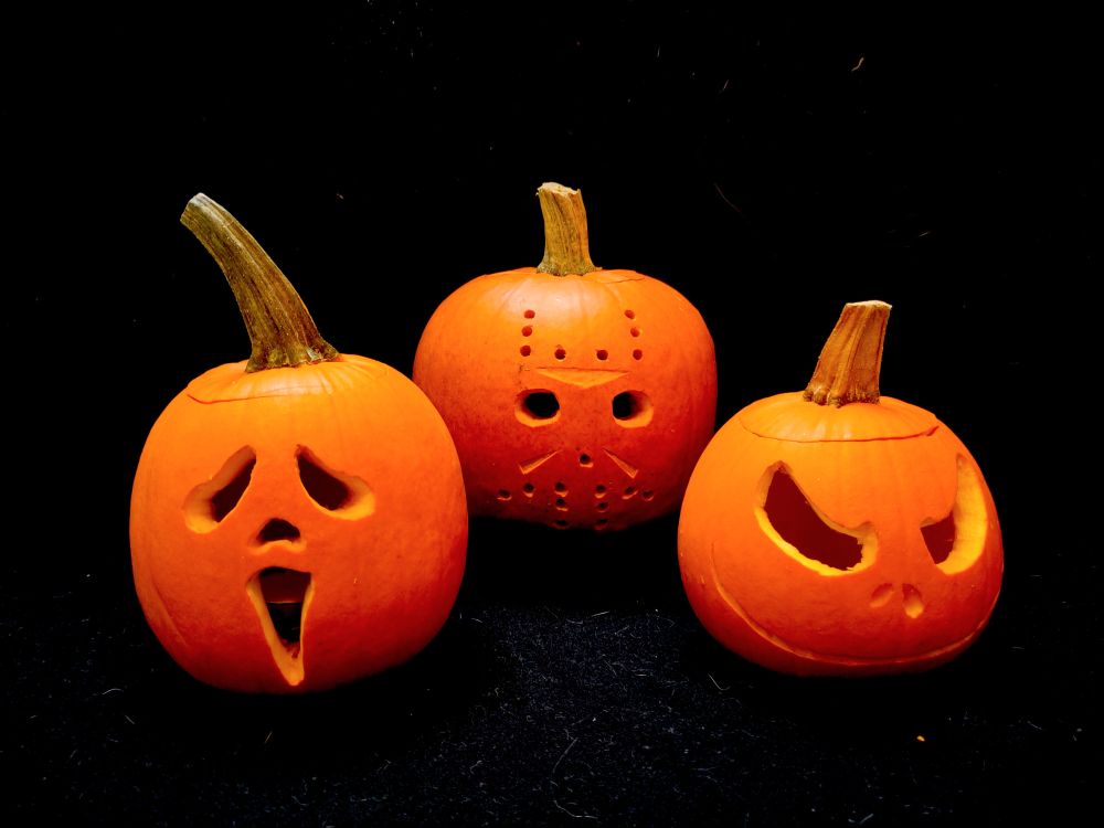 3 Jack-o'-lanterns, carved to look like:

- Ghostface from the Scream movies
- Jason Voorhees from the Friday the 13th movies
- Jack's head from The Nightmare Before Christmas