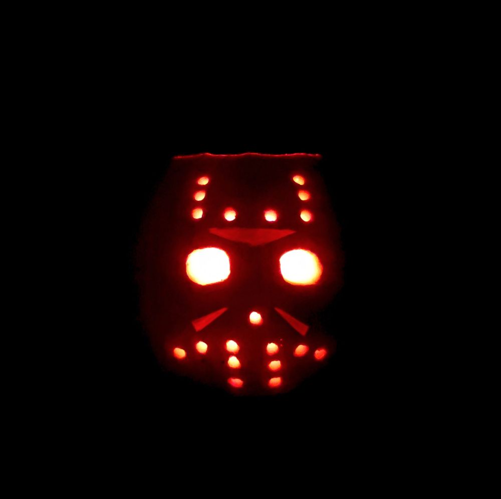 Jack-o'-lantern carved to look like Jason Voorhees from the Friday the 13th movies