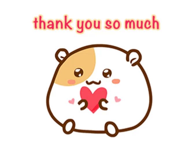 a cartoon hamster holding a heart with the words thank you so much below it