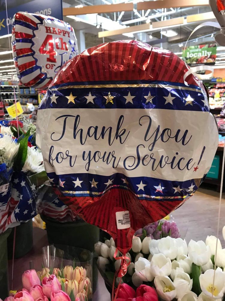 a balloon, half-deflated, reads "thank you for your service!"
